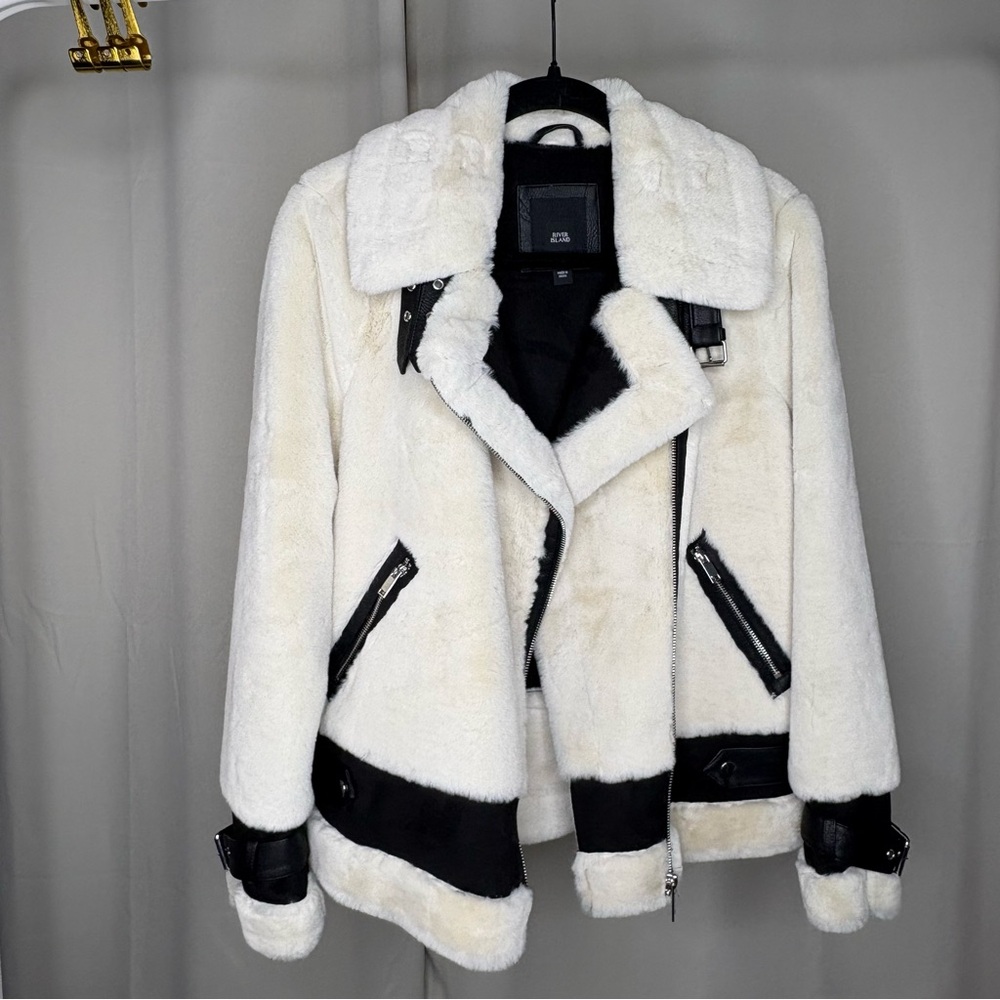 River Island Cream Faux Fur Moto Jacket